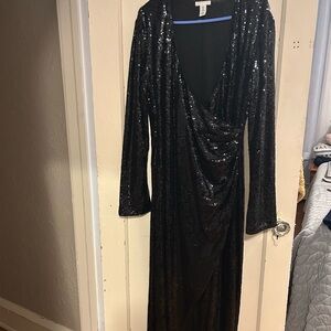H&M Black Sequin Ruched Long Sleeve Gown